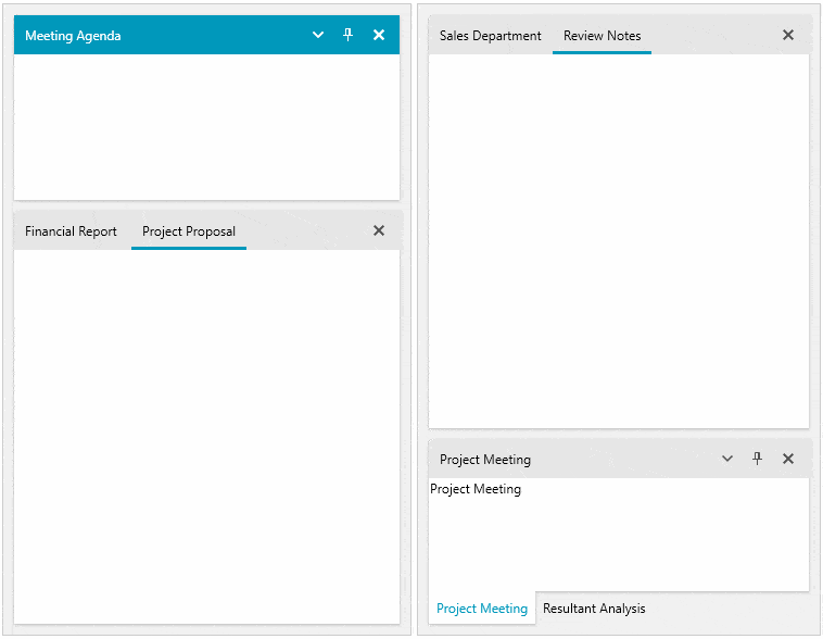 Four panes are visible: meeting agenda, tabbed financial report/project proposal, tabbed sales department/review notes, and tabbed project meeting/resultant assistant