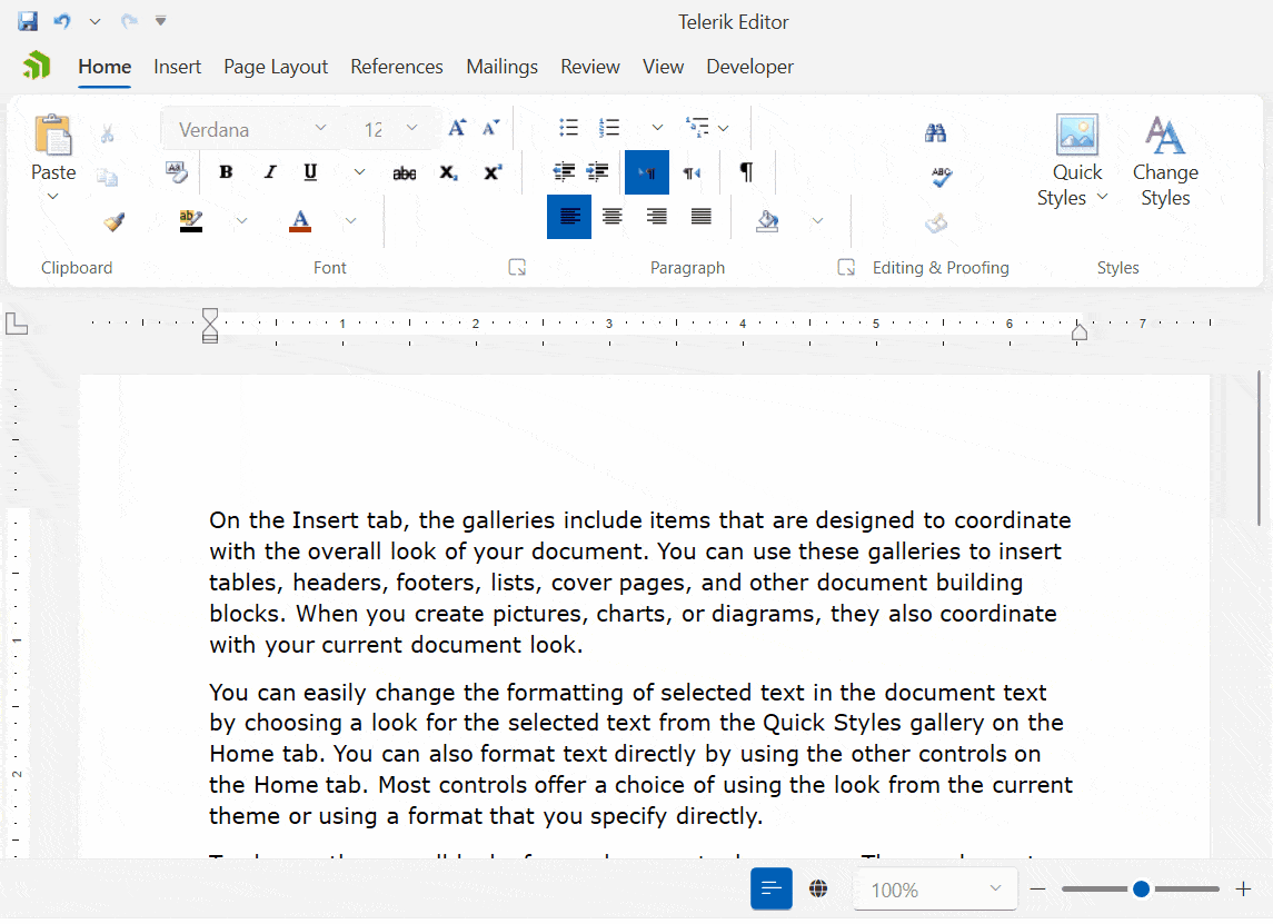 In Telerik Editor, a user holds mouse button at start of sentence and drags it across the sentence. The words are added to the highlighted selection as the mouse crosses them