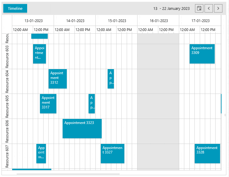 User scrolls through several resources in the displayed days and times