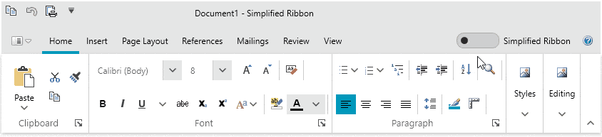 WPF RibbonView control displaying Simplified Ribbon