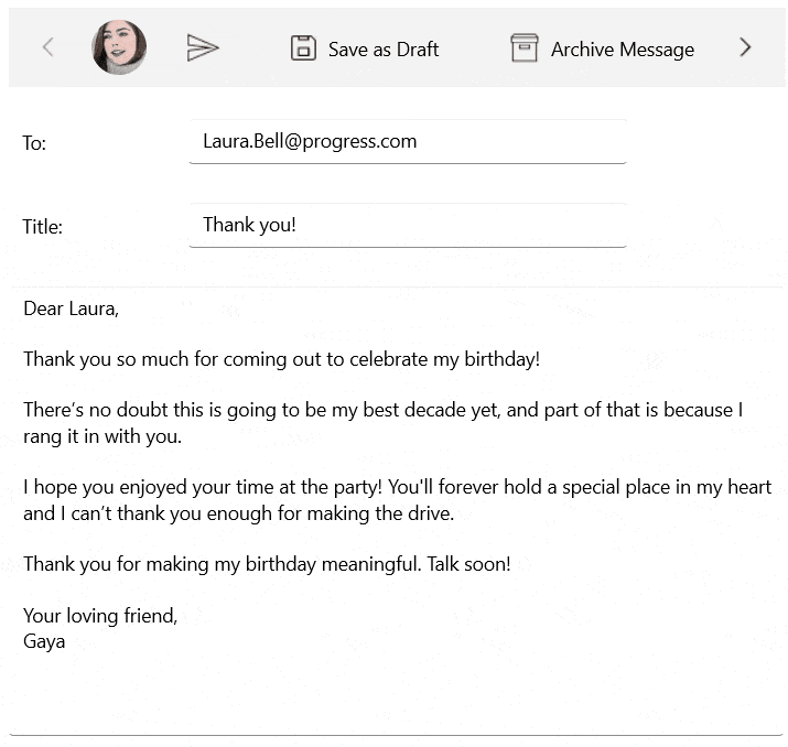 In an email app, the topbar has user profile image, send, save as draft, archive message, priority, and it is horizontally scrollable