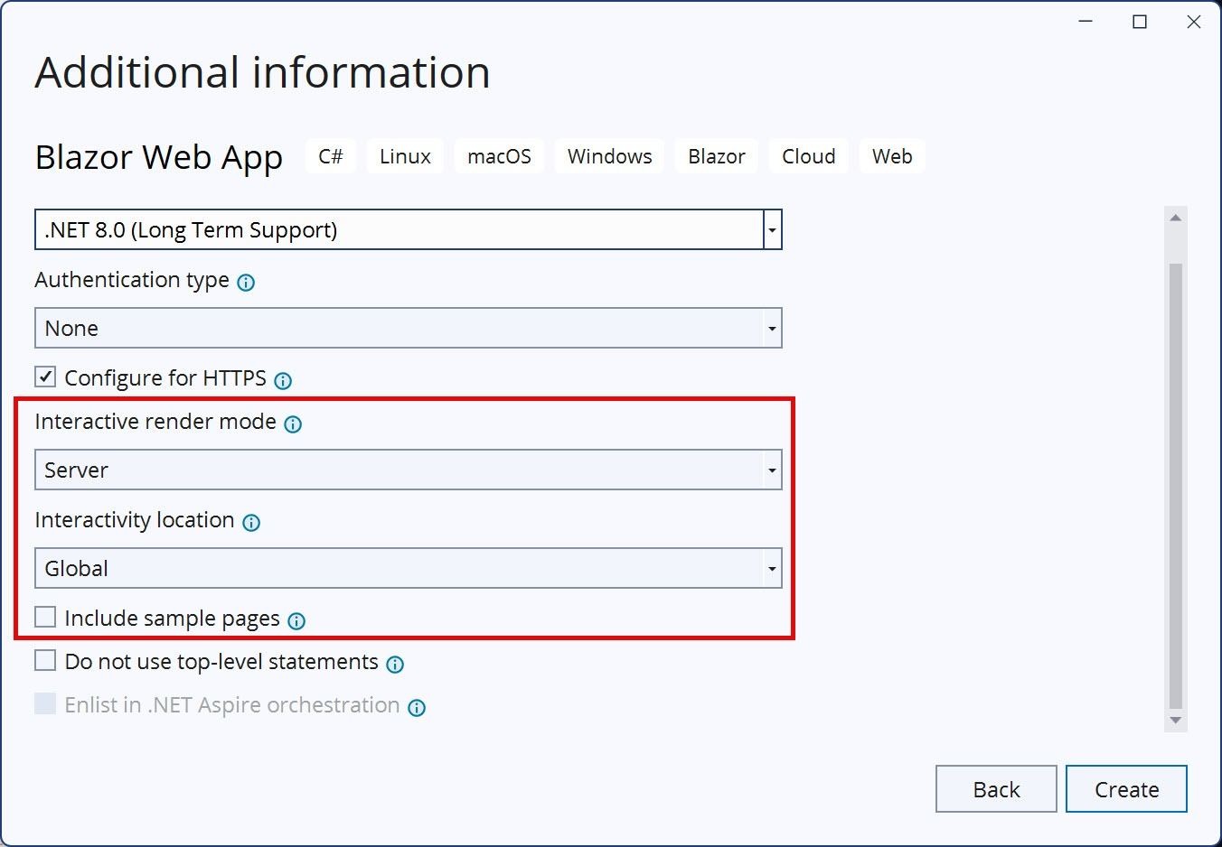Blazor Web App additional information: Interactive render more - server, interactivity location - global, deselected Include sampe pages