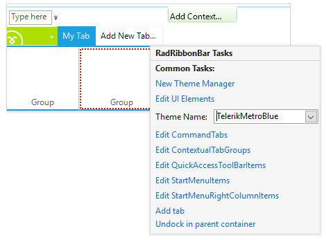 WinForms RibbonBar displaying Design Time smart tag