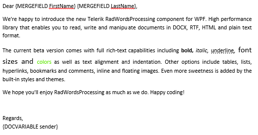 Telerik UI for WinUI WordsProcessing - Mail Merge