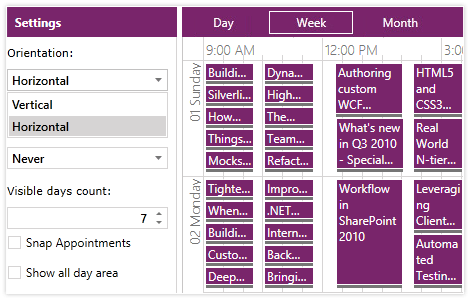 WPF ScheduleView showcasing Horizontal and Vertical Orientation