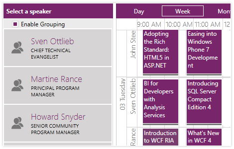 WPF ScheduleView showcasing Multi Level Grouping and Filtering