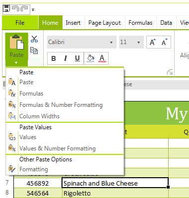 Telerik UI for WinForms Spreadsheet control displaying Copy Paste options