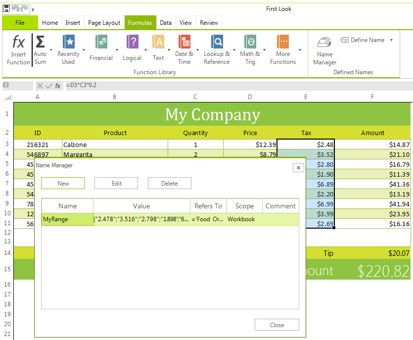 Telerik UI for WinForms Spreadsheet control displaying Name Ranges