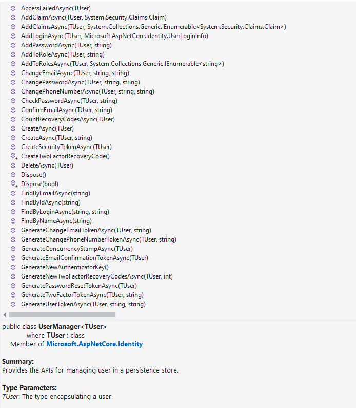 A portion of the methods available in UserManager