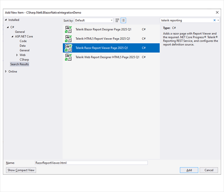 ASP.NET Core Item VS Template Telerik Reporting