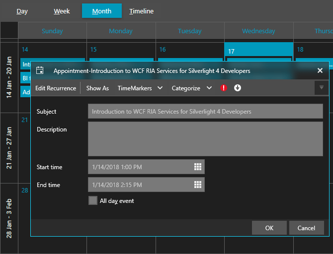 ScheduleView with Fluent Dark theme