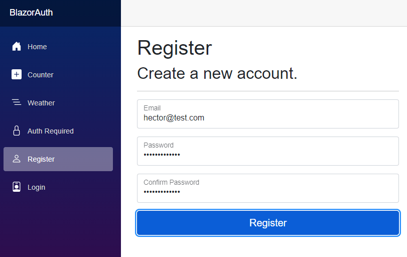 Creating a new user in the application