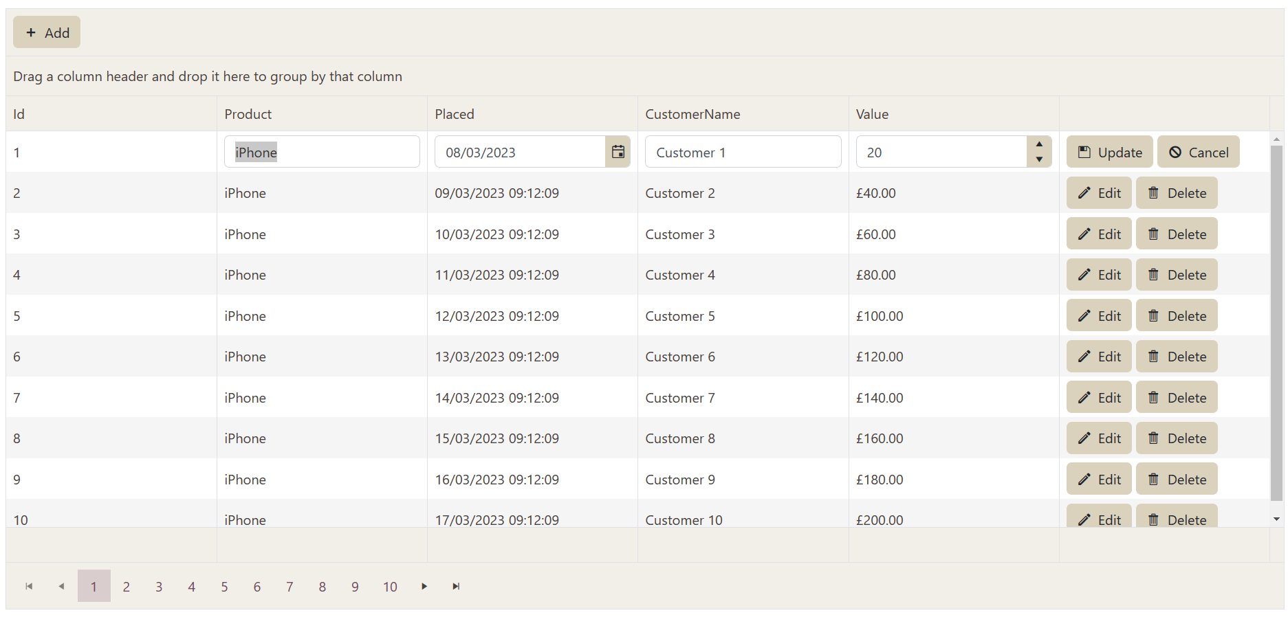 A table showing several sales records. Each row has the following columns: Id, Placed, CustomerName, and Value. Each row has Edit and Delete buttons except the first row which has Update and Cancel buttons