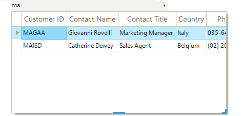 WinForms MultiColumnComboBox control showcasing Filtering and Sorting