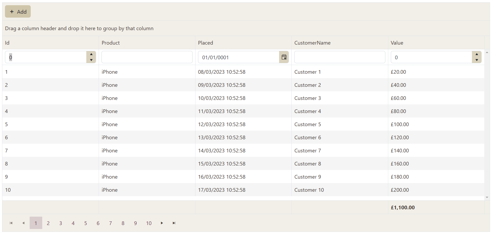 A table showing several sales records. Each row has the following columns: Id, Placed, CustomerName, and Value. Above the grid is an Add Button. The first row in the column has input boxes for all the columns
