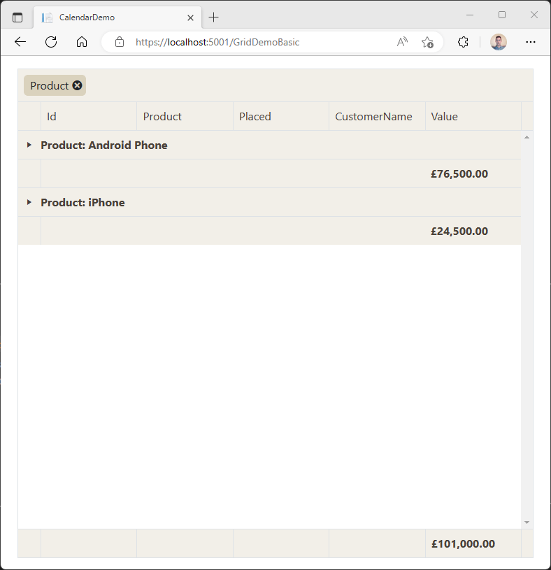 A table showing several sales records. Each row has the following columns: Id, Placed, CustomerName, and Value. Two groups are visible: Product:Android Phone and Product:iPhone. Under each group is a number showing the total value for that group, formatted as currency