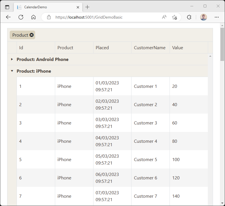 A table showing several sales records. Each row has the following columns: Id, Placed, CustomerName, and Value. The rows are grouped by product name, with two groups visible: Product:Android Phone and Product:iPhone. At the top there is a toolbar with a button showing the text 'Product'. This button has an icon with an x on it