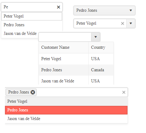 Screenshots of three comboboxes and two listboxes. One of the comboboxes is showing a list of items but doesn’t have the traditional dropdown arrow at the end; another of the comboboxes has multiple columns of data in its list, like a table. There is a standard dropdownlist that doesn’t include a textbox and a dropdownlist that is allowing the user to select multiple items from the list.