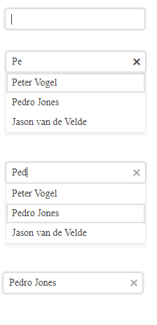 Screenshots of the AutoComplete combobox in four states. It first appears as an empty textbox with a cursor in it. In the second state, the user has started typing into the textbox and a dropdown list has appeared of potential choices. The first two items on the list match what the user has typed so far and the first item is selected. In the third state, the user has typed enough to select the second item in the dropdown list. In the fourth state, the second item has been selected and appears in the textbox while the dropdown list has been closed and no longer appears. The textbox part of the component is also displaying at x at its end for deleting the content of the textbox.