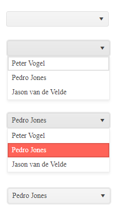 Screenshots of a traditional dropdown list in four states. In the first state the dropdown list is displaying nothing, the dropdown list itself is closed and there is a dropdown arrow at the end of the component. In the second state, the dropdown list is open and, while the first item in the list has a box around it, nothing is displayed in the label at the top of the dropdown list. In the third state, the second item in the dropdown list has been highlighted in red and is displayed in the label at the top of the dropdown list. In the fourth state, the dropdown list is closed but the label continues to display the selected item.