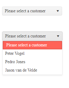 Screenshots of a dropdown list in two states. In the first state, the dropdown list is closed but the label displays the text “Please select a customer”. In the second state, the dropdown list is open and “Please select a customer” appears both in the label at the top of the dropdown list and as the first item in the dropdown list. The rest of the dropdown list consists of three names.