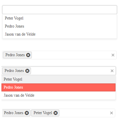 Screenshots of the MultiSelectComboBox in four states. In the first state, the textbox is empty and the dropdown list is displayed showing three names. In the second state, one of the names has been selected and appears in the textbox in a lozenge with an x at its end. The dropdown list is closed. In the third state the dropdown list is displayed again and a different name has been selected (the first name continues to appear in its lozenge in the textbox). In the fourth name two names appear in the textbox, each in a separate lozenge with an x at the end. The dropdown list is closed. At the end of the textbox is another x to clear all of the entries.
