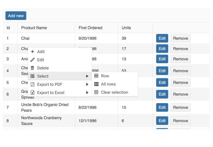Kendo UI for React Grid Integrated ContextMenu