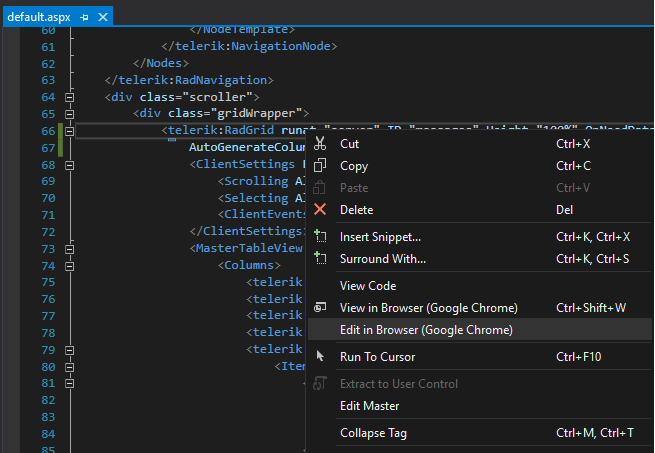 Right-clicking brings up options to Cut, Copy, Delete, Insert Snippet, Surround with, View Code, View in Browser, Edit in Browser, Run to Cursor, Edit Master, Collapse Tag. We have Edit in Browser highlighted.