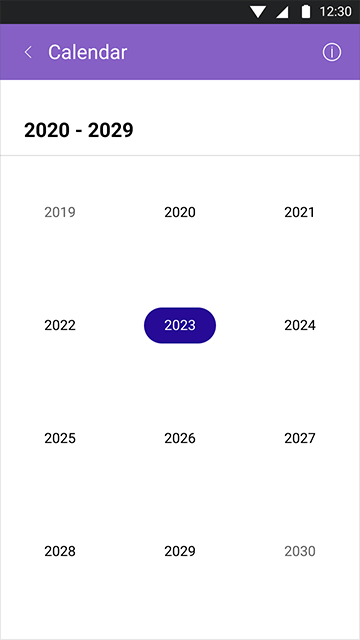MAUI Calendar component DecadeView