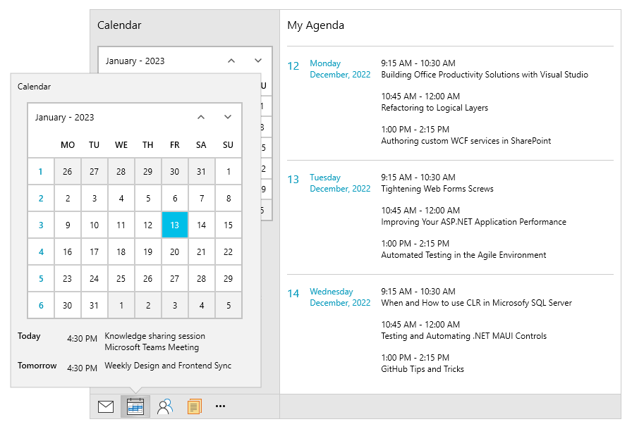 Navigation bar has envelope icon, calendar icon, people icon, documents icon, more. Calendar is open with calendar and my agenda views