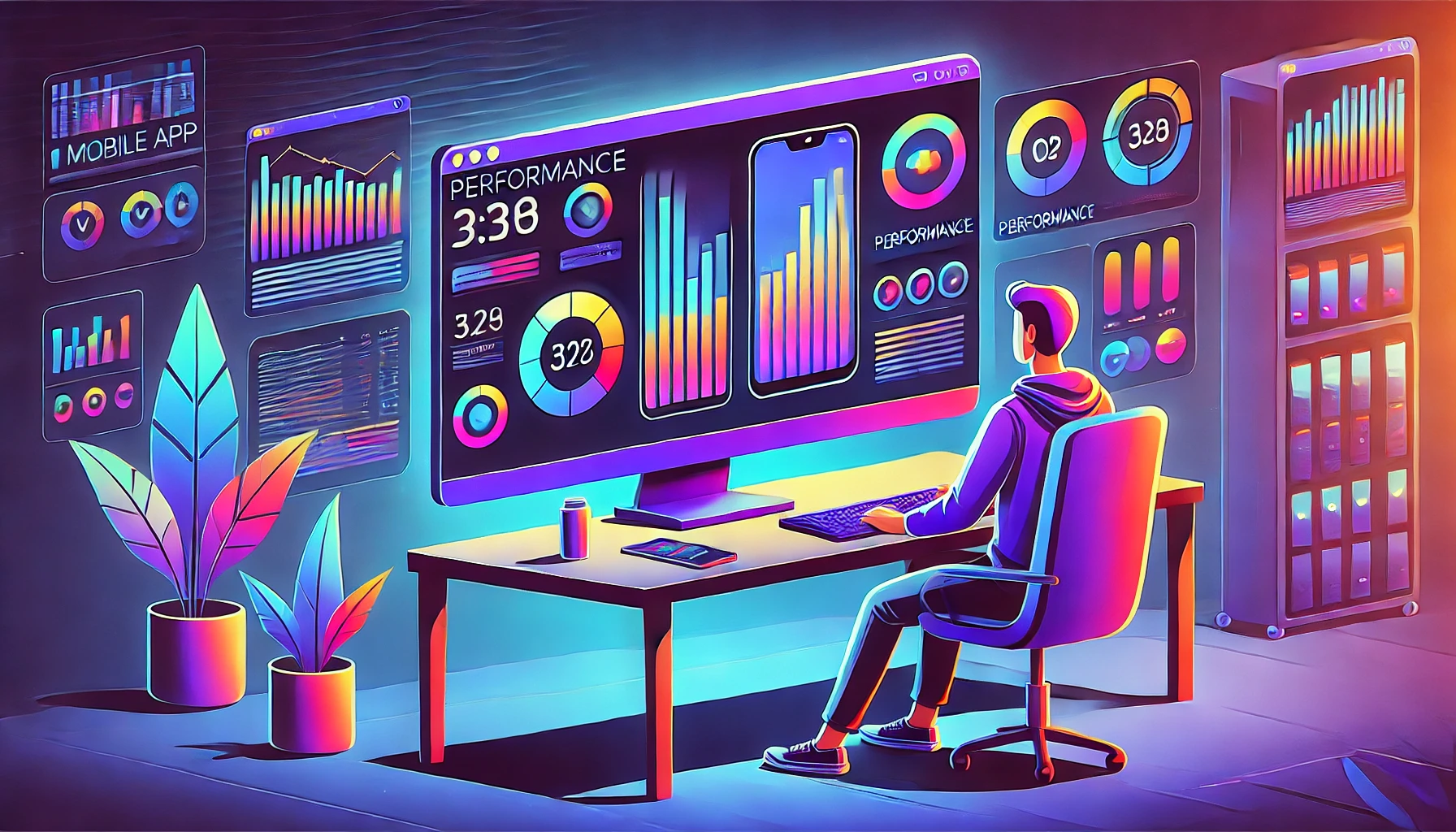 illustration of a person sitting in front of several monitors, one of which displays the word performance