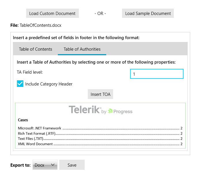 App example with TOC and TOA