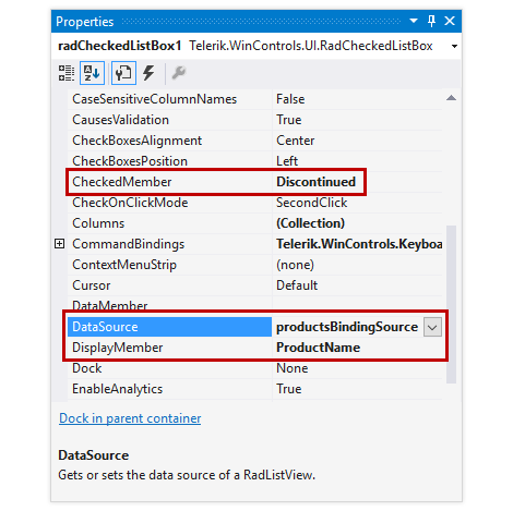 WinForms CheckedListBox control displaying Data Binding in design time