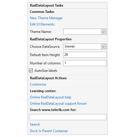 UI for WinForms DataLayout control displaying Design Time smart tag