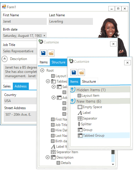 UI for WinForms LayoutControl displaying Customization
