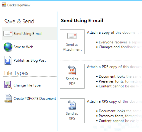 UI for WinForms PageView control displaying Backstage