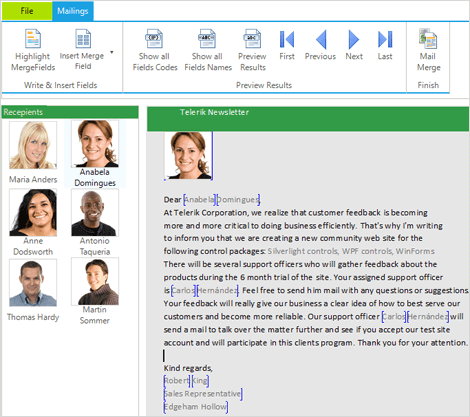 WinForms RadRichTextEditor control displaying Mailmerge