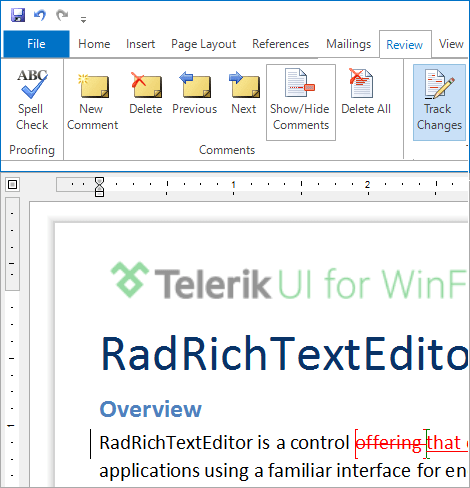 WinForms RadRichTextEditor control displaying Track Changes