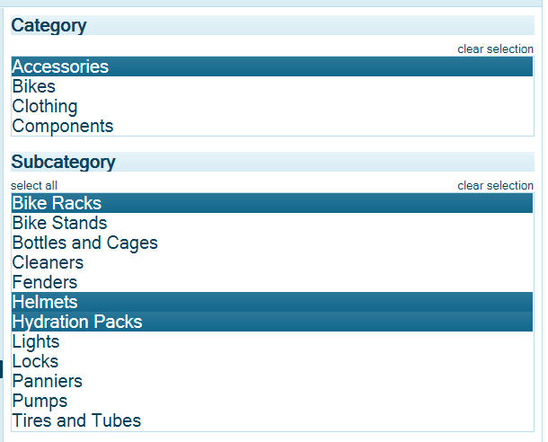 Under Category, Accessories is selected. Under Subcategory, Bike racks, Helmets and Hydration packs are selected
