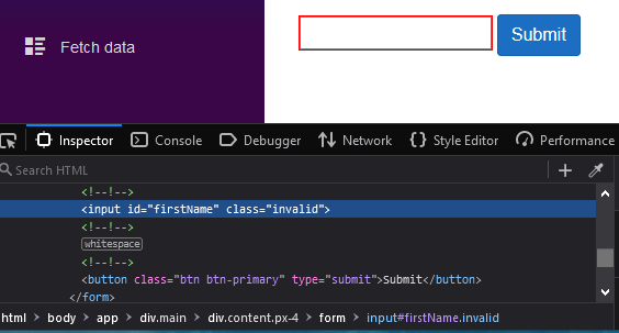 Trying to submit the form without a first name fails, and the class displays invalid