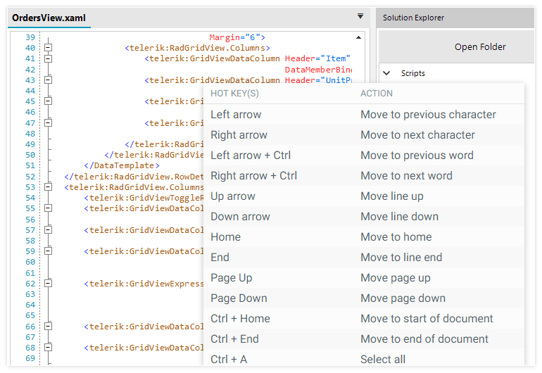 Telerik UI for WinForms Syntax Editor showing Keyboard shortcuts