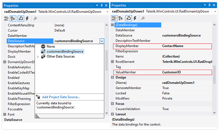 WinForms DomainUpDown control visualizing Data Binding in design time
