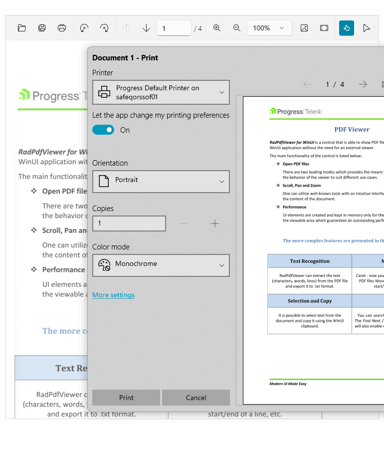 Telerik UI for WinUI PdfViewer Printing Support for Windows 11