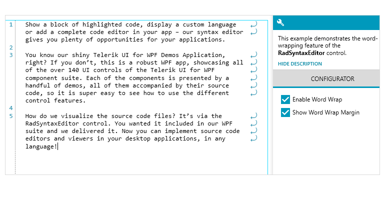 Telerik UI for WPF Syntax Editor Control Word Wrapping Support