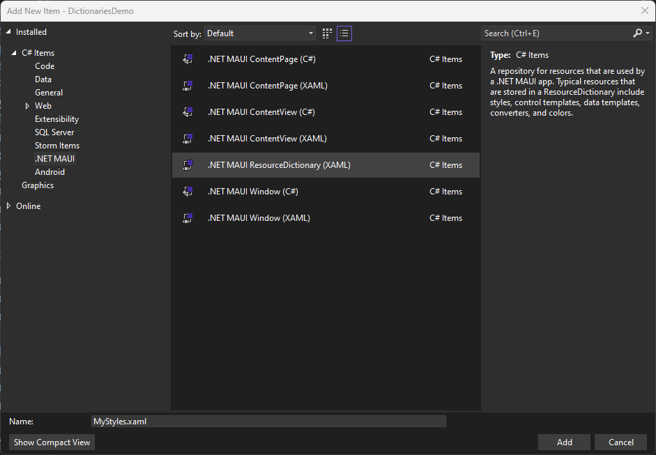 The template selected in Visual Studio 2022 to create a new resource dictionary