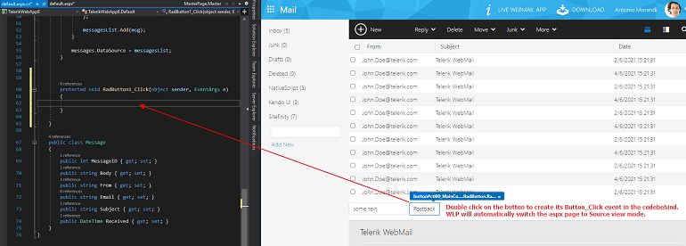 Web Live Preview Create Server Event. Overlay text says, 'Double-click on the button to create its Button_Click event in the codebehind. WLP will automatically switch the aspx page to Source view mode.'