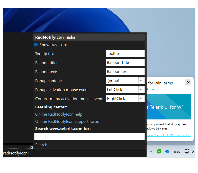 WinForms NotifyIcon showing Design time experience