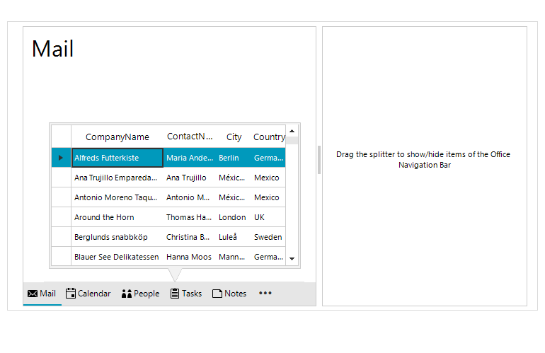 WinForms Office Navigation Bar control displaying Peek Window
