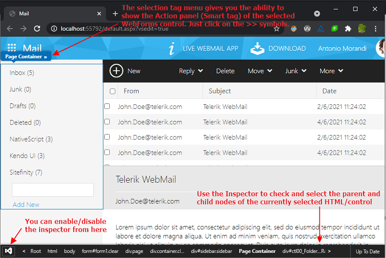 In a Mail window, the lefthand menu (Inbox, Junk, Drafts, etc.) has a tooltip reading 'Page Container  data-sf-ec-immutable=