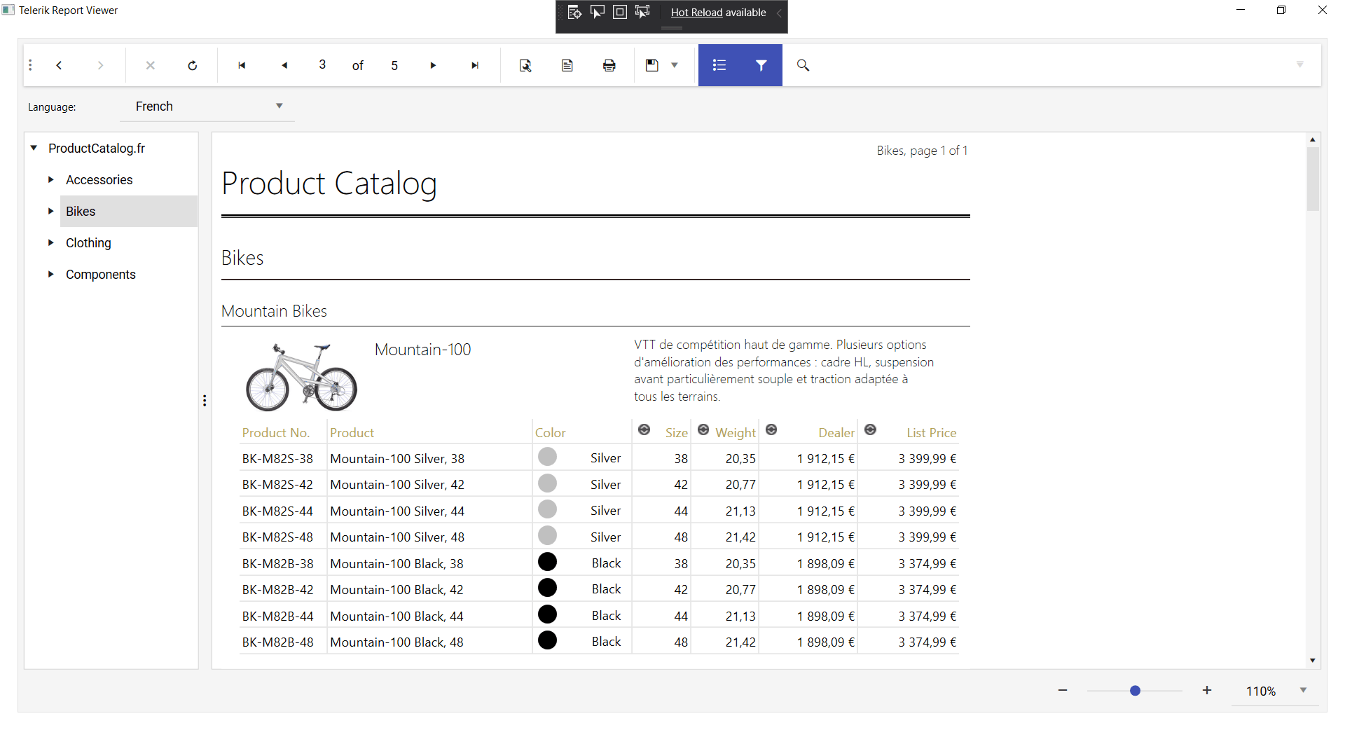 A similar catalog list of bikes, but with descriptions and details styled for French readers instead of English